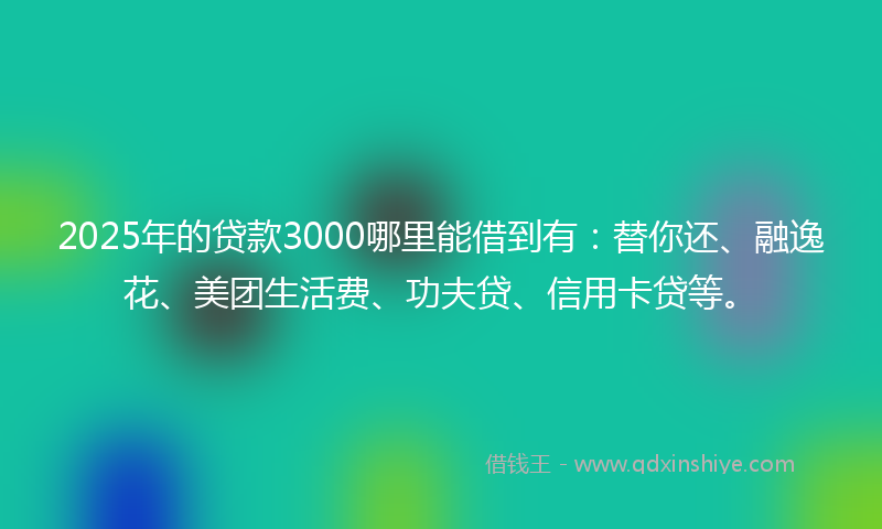 2025年的贷款3000哪里能借到有：替你还、融逸花、美团生活费、功夫贷、信用卡贷等。