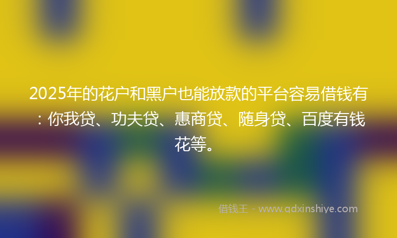 2025年的花户和黑户也能放款的平台容易借钱有：你我贷、功夫贷、惠商贷、随身贷、百度有钱花等。