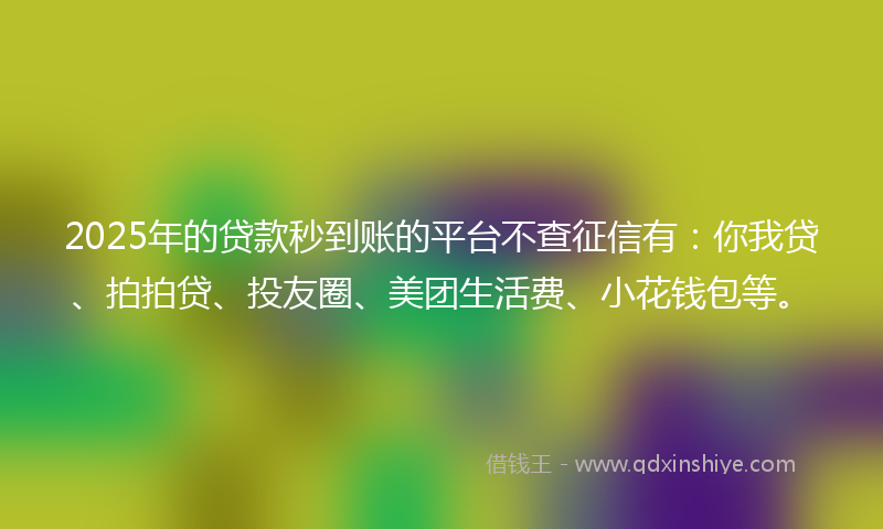 2025年的贷款秒到账的平台不查征信有：你我贷、拍拍贷、投友圈、美团生活费、小花钱包等。