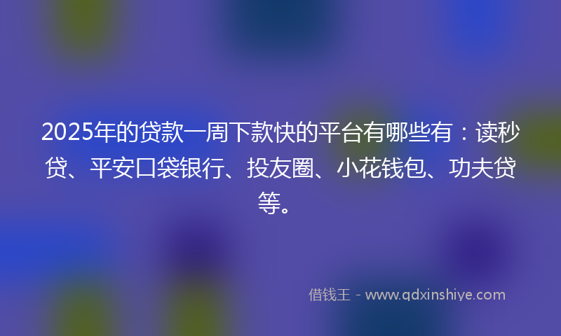 2025年的贷款一周下款快的平台有哪些有：读秒贷、平安口袋银行、投友圈、小花钱包、功夫贷等。