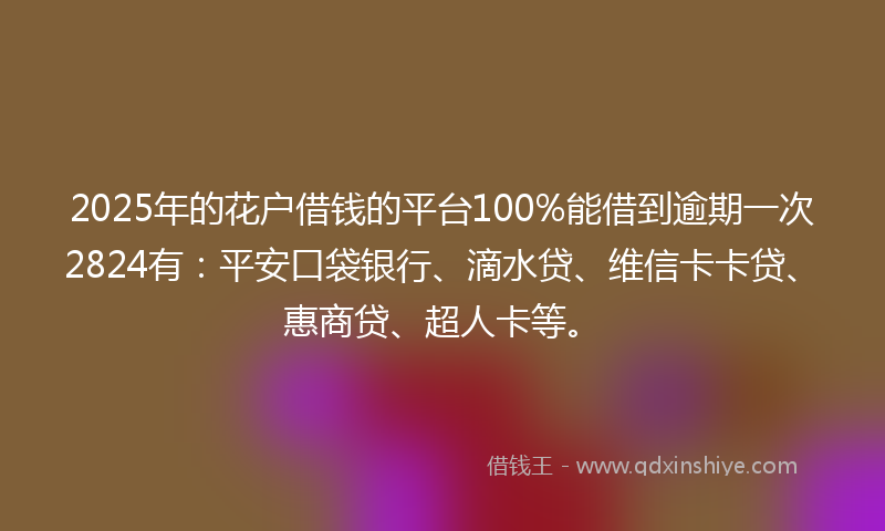 2025年的花户借钱的平台100%能借到逾期一次2824有：平安口袋银行、滴水贷、维信卡卡贷、惠商贷、超人卡等。