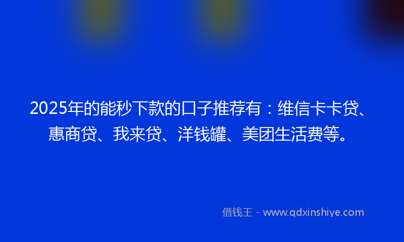 2025年的能秒下款的口子推荐有：维信卡卡贷、惠商贷、我来贷、洋钱罐、美团生活费等。