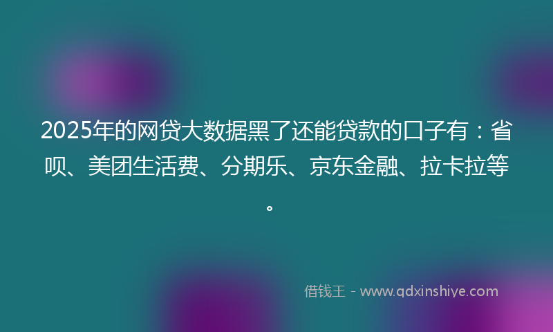 2025年的网贷大数据黑了还能贷款的口子有：省呗、美团生活费、分期乐、京东金融、拉卡拉等。