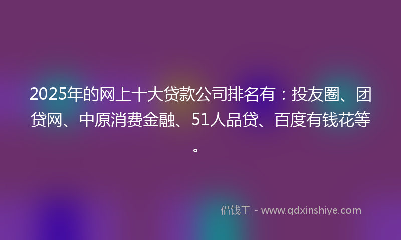 2025年的网上十大贷款公司排名有：投友圈、团贷网、中原消费金融、51人品贷、百度有钱花等。