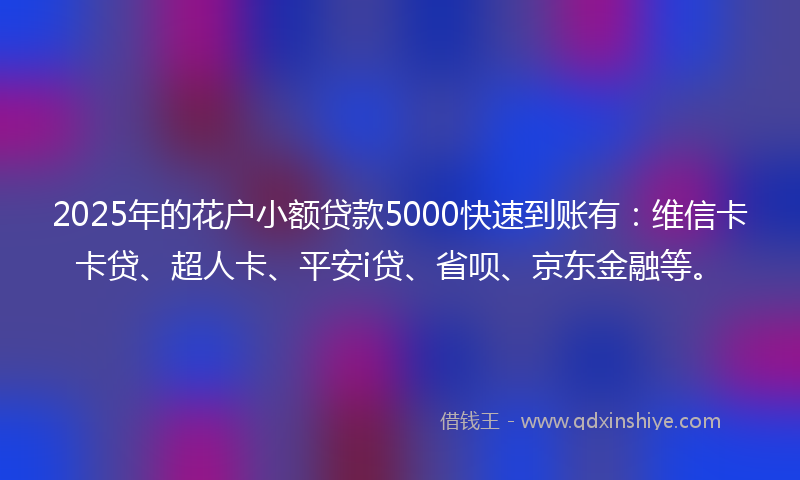 2025年的花户小额贷款5000快速到账有：维信卡卡贷、超人卡、平安i贷、省呗、京东金融等。
