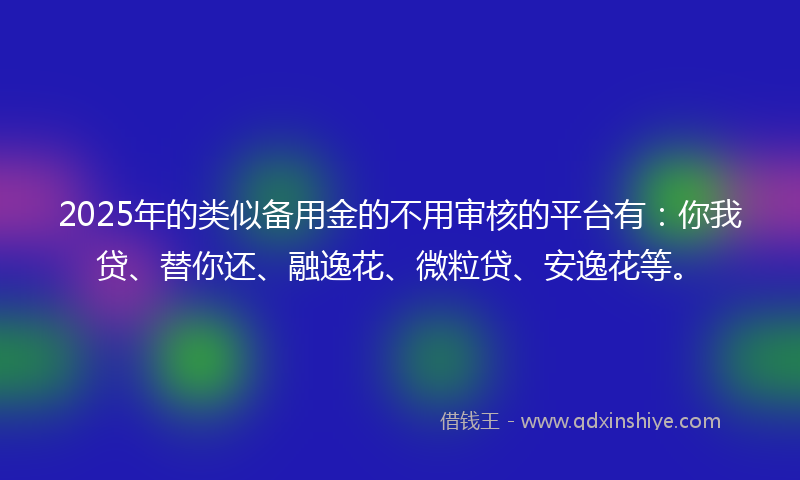 2025年的类似备用金的不用审核的平台有：你我贷、替你还、融逸花、微粒贷、安逸花等。
