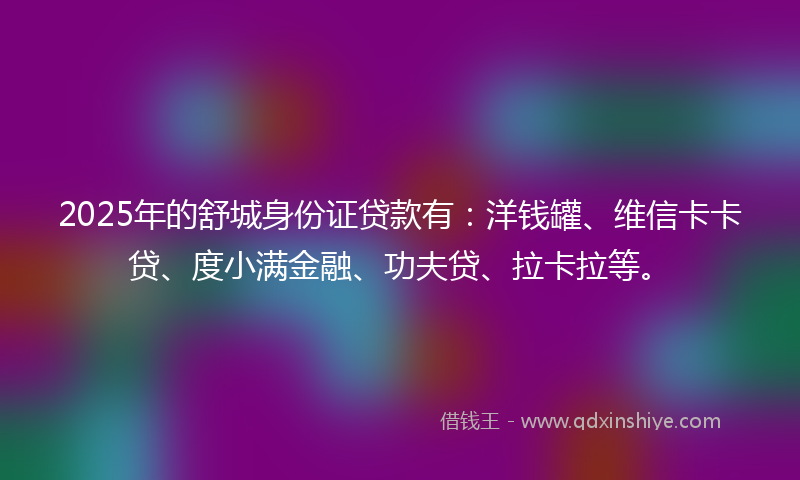 2025年的舒城身份证贷款有：洋钱罐、维信卡卡贷、度小满金融、功夫贷、拉卡拉等。