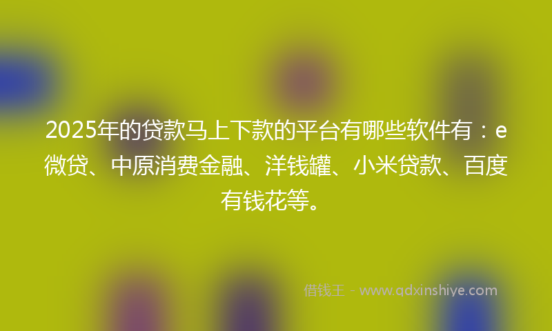 2025年的贷款马上下款的平台有哪些软件有：e微贷、中原消费金融、洋钱罐、小米贷款、百度有钱花等。