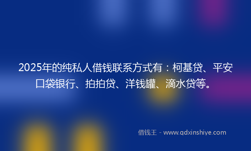 2025年的纯私人借钱联系方式有：柯基贷、平安口袋银行、拍拍贷、洋钱罐、滴水贷等。