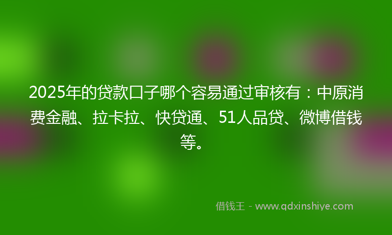 2025年的贷款口子哪个容易通过审核有：中原消费金融、拉卡拉、快贷通、51人品贷、微博借钱等。