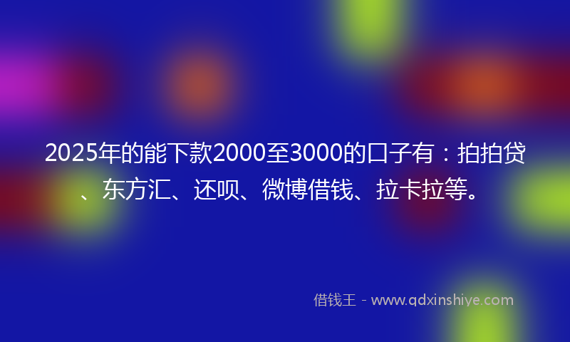 2025年的能下款2000至3000的口子有：拍拍贷、东方汇、还呗、微博借钱、拉卡拉等。