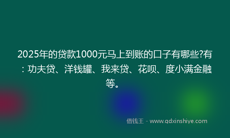 2025年的贷款1000元马上到账的口子有哪些?有：功夫贷、洋钱罐、我来贷、花呗、度小满金融等。