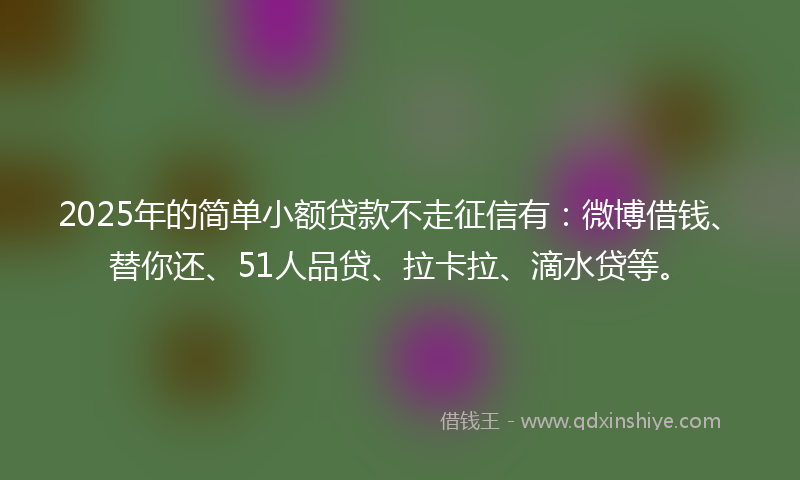 2025年的简单小额贷款不走征信有：微博借钱、替你还、51人品贷、拉卡拉、滴水贷等。