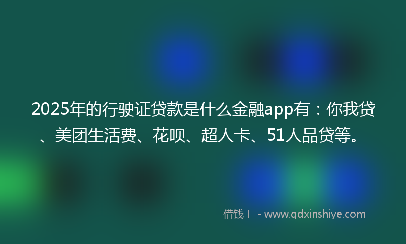 2025年的行驶证贷款是什么金融app有：你我贷、美团生活费、花呗、超人卡、51人品贷等。