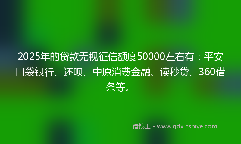 2025年的贷款无视征信额度50000左右有：平安口袋银行、还呗、中原消费金融、读秒贷、360借条等。