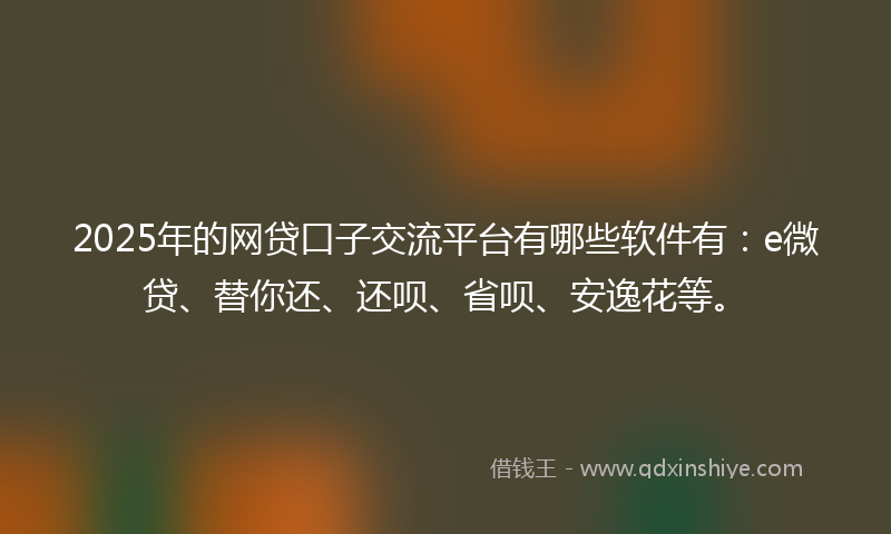 2025年的网贷口子交流平台有哪些软件有：e微贷、替你还、还呗、省呗、安逸花等。
