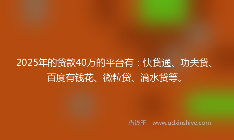 2025年的贷款40万的平台有：快贷通、功夫贷、百度有钱花、微粒贷、滴水贷等。