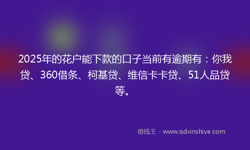 2025年的花户能下款的口子当前有逾期有：你我贷、360借条、柯基贷、维信卡卡贷、51人品贷等。