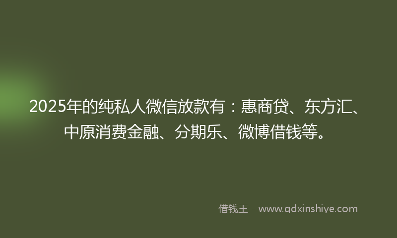 2025年的纯私人微信放款有：惠商贷、东方汇、中原消费金融、分期乐、微博借钱等。