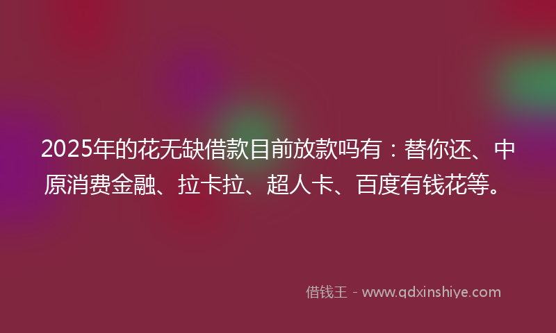 2025年的花无缺借款目前放款吗有：替你还、中原消费金融、拉卡拉、超人卡、百度有钱花等。