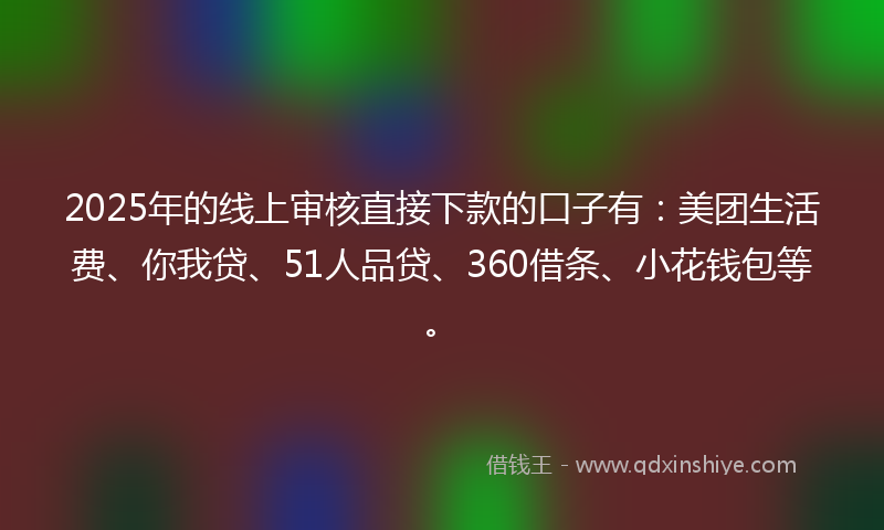 2025年的线上审核直接下款的口子有：美团生活费、你我贷、51人品贷、360借条、小花钱包等。