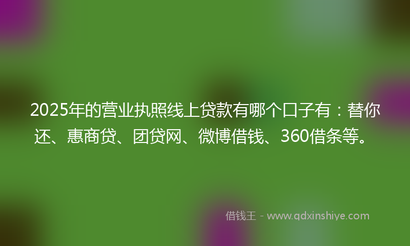 2025年的营业执照线上贷款有哪个口子有：替你还、惠商贷、团贷网、微博借钱、360借条等。