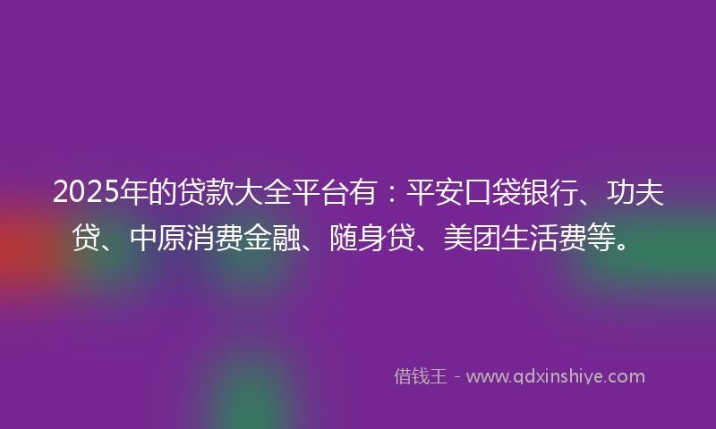 2025年的贷款大全平台有：平安口袋银行、功夫贷、中原消费金融、随身贷、美团生活费等。