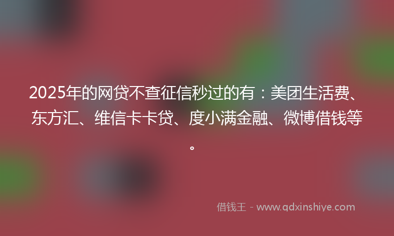 2025年的网贷不查征信秒过的有：美团生活费、东方汇、维信卡卡贷、度小满金融、微博借钱等。