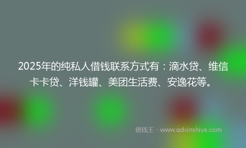 2025年的纯私人借钱联系方式有：滴水贷、维信卡卡贷、洋钱罐、美团生活费、安逸花等。