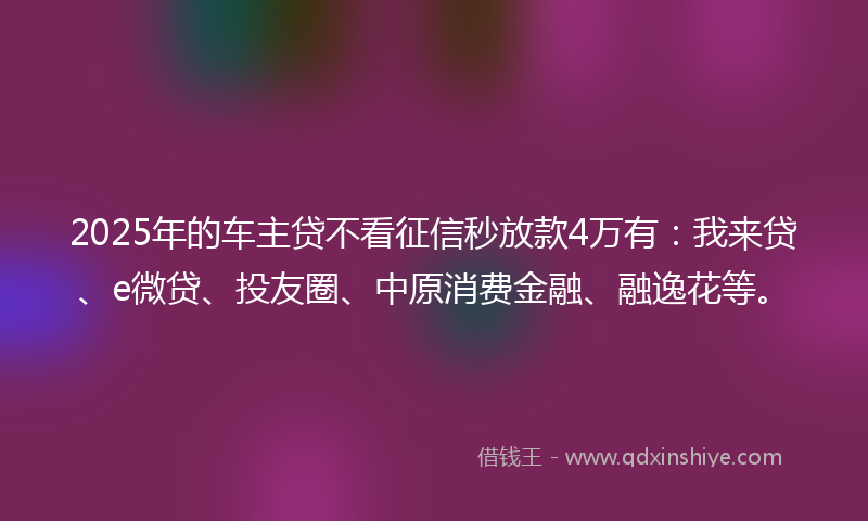 2025年的车主贷不看征信秒放款4万有：我来贷、e微贷、投友圈、中原消费金融、融逸花等。