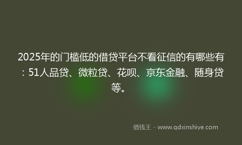 2025年的门槛低的借贷平台不看征信的有哪些有：51人品贷、微粒贷、花呗、京东金融、随身贷等。