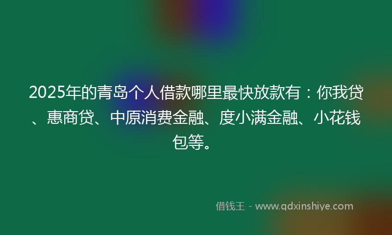 2025年的青岛个人借款哪里最快放款有：你我贷、惠商贷、中原消费金融、度小满金融、小花钱包等。