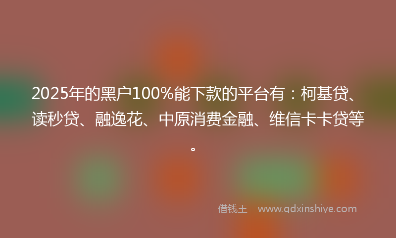 2025年的黑户100%能下款的平台有：柯基贷、读秒贷、融逸花、中原消费金融、维信卡卡贷等。