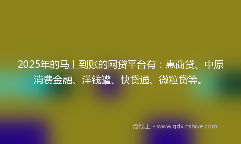 2025年的马上到账的网贷平台有：惠商贷、中原消费金融、洋钱罐、快贷通、微粒贷等。
