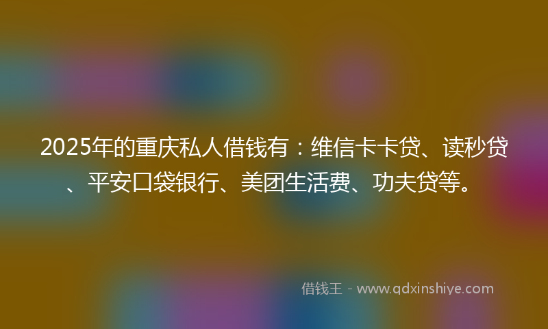 2025年的重庆私人借钱有：维信卡卡贷、读秒贷、平安口袋银行、美团生活费、功夫贷等。