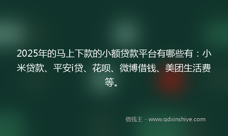 2025年的马上下款的小额贷款平台有哪些有：小米贷款、平安i贷、花呗、微博借钱、美团生活费等。