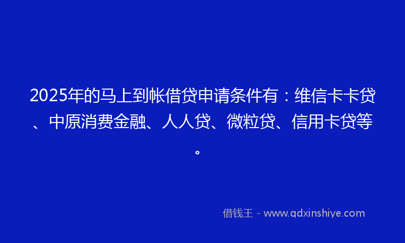 2025年的马上到帐借贷申请条件有：维信卡卡贷、中原消费金融、人人贷、微粒贷、信用卡贷等。