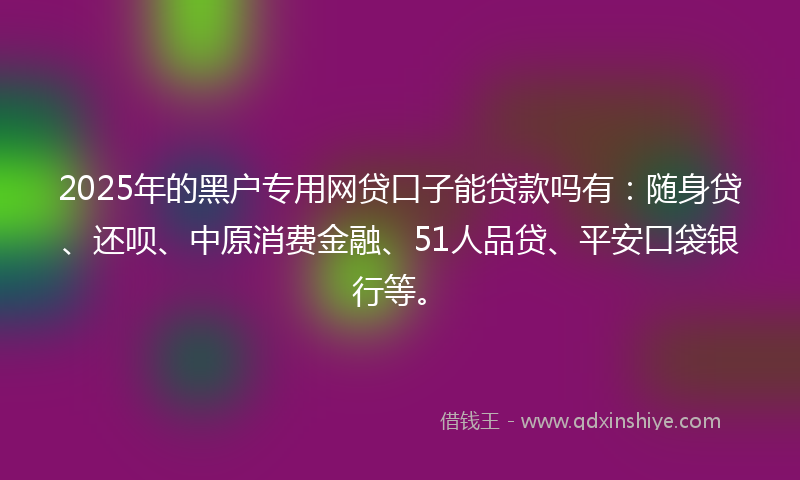 2025年的黑户专用网贷口子能贷款吗有：随身贷、还呗、中原消费金融、51人品贷、平安口袋银行等。