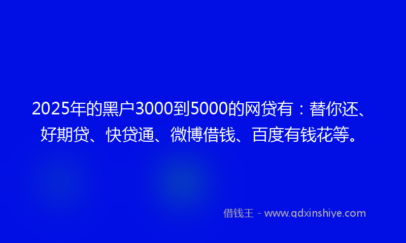 2025年的黑户3000到5000的网贷有：替你还、好期贷、快贷通、微博借钱、百度有钱花等。