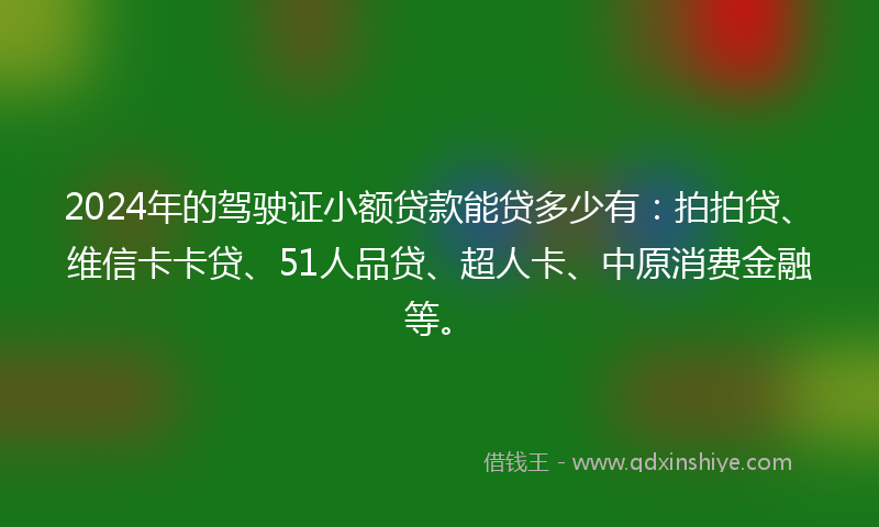2024年的驾驶证小额贷款能贷多少有：拍拍贷、维信卡卡贷、51人品贷、超人卡、中原消费金融等。