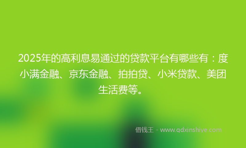 2025年的高利息易通过的贷款平台有哪些有：度小满金融、京东金融、拍拍贷、小米贷款、美团生活费等。
