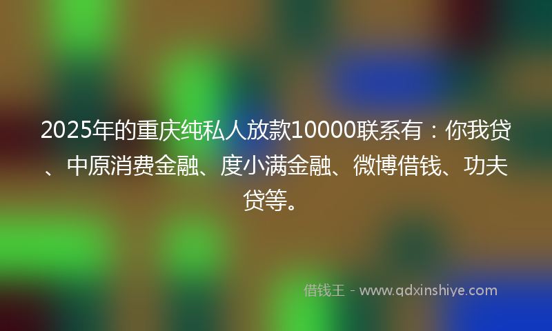 2025年的重庆纯私人放款10000联系有：你我贷、中原消费金融、度小满金融、微博借钱、功夫贷等。