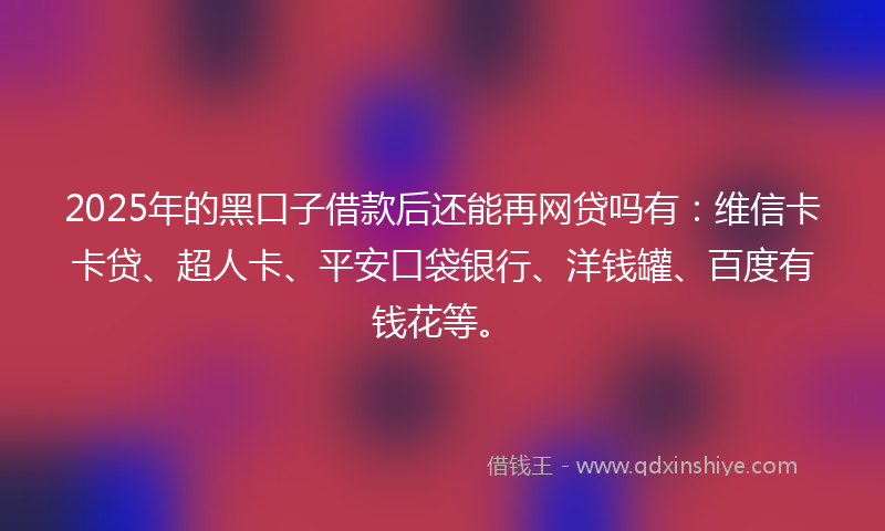 2025年的黑口子借款后还能再网贷吗有：维信卡卡贷、超人卡、平安口袋银行、洋钱罐、百度有钱花等。