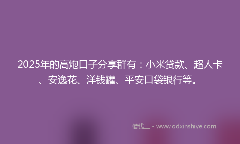 2025年的高炮口子分享群有：小米贷款、超人卡、安逸花、洋钱罐、平安口袋银行等。