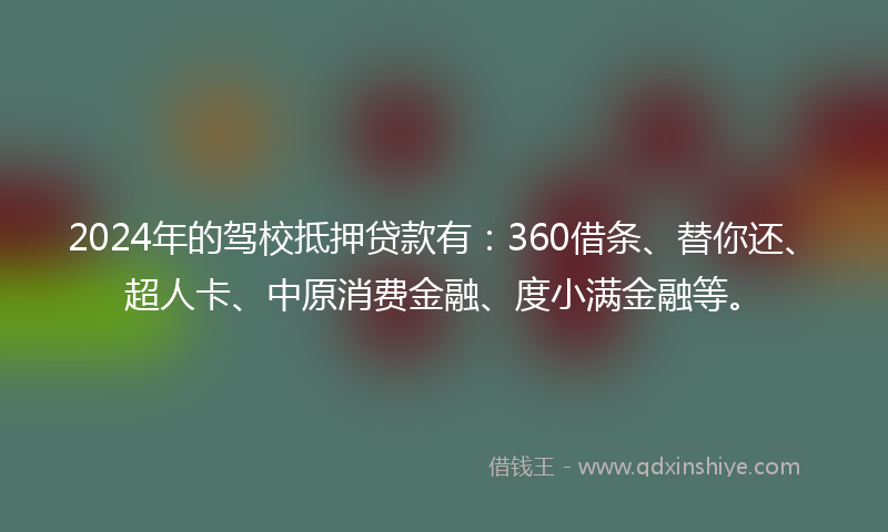 2024年的驾校抵押贷款有：360借条、替你还、超人卡、中原消费金融、度小满金融等。