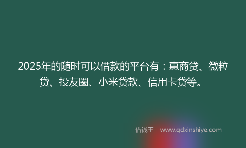2025年的随时可以借款的平台有：惠商贷、微粒贷、投友圈、小米贷款、信用卡贷等。
