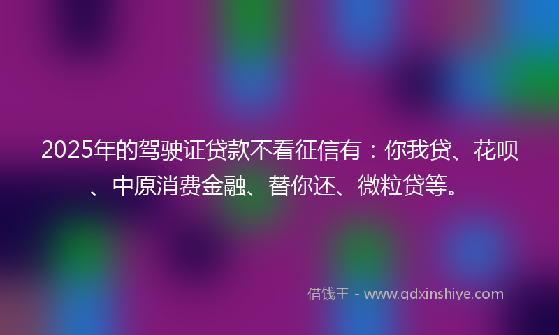 2025年的驾驶证贷款不看征信有：你我贷、花呗、中原消费金融、替你还、微粒贷等。