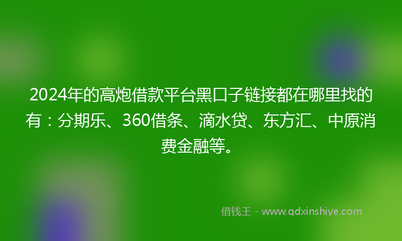 2024年的高炮借款平台黑口子链接都在哪里找的有：分期乐、360借条、滴水贷、东方汇、中原消费金融等。
