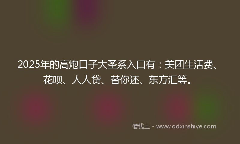 2025年的高炮口子大圣系入囗有：美团生活费、花呗、人人贷、替你还、东方汇等。