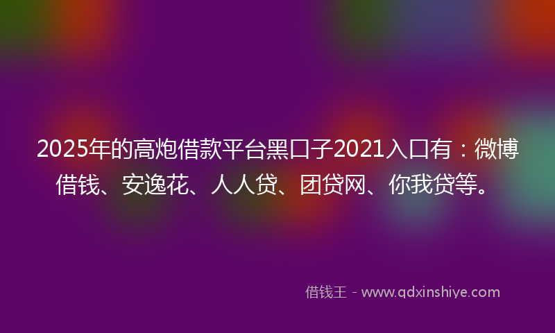 2025年的高炮借款平台黑口子2021入口有：微博借钱、安逸花、人人贷、团贷网、你我贷等。
